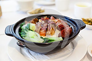Chinese Steamed Pork Sausages with Rice in Claypot
