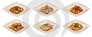 Chinese stir-fried noodles set with chicken meat, seafood