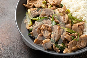 Chinese stir fry pork with ginger sauce, garlic and spring onion. Asian food