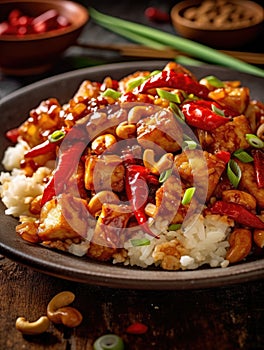 Chinese stirfried tofu with chili peppers and cashew nuts on a plate