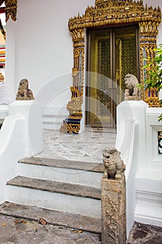 Chinese stone lion statue in the tourist attractionat at Wat Pho