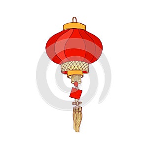 Chinese street lantern. Hanging decorative paper lamp with fringe and candle inside. Asian ceremonial religious light