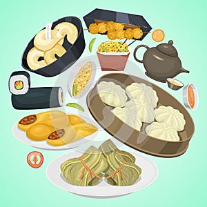 Chinese street, restaurant or homemade food ethnic menu vector illustration. Asian dinner dish plate. Traditional spicy