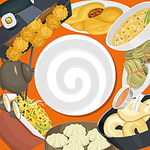 Chinese street, restaurant or homemade food ethnic menu vector illustration. Asian dinner dish plate. Traditional spicy