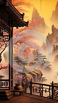 Chinese style architecture and landscape painting