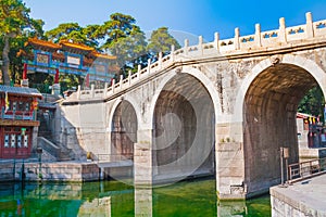 Chinese style bridge. Suzhou street in Summer Palace Yiheyuan, Beijing. China.