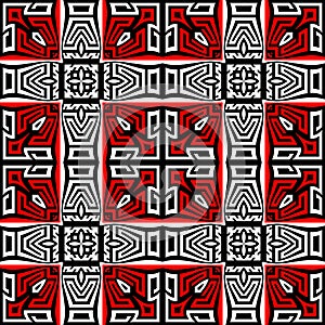 Chinese style checkered ornamental squares with meanders seamless pattern. Elegant plaid tartan geometric vector background.