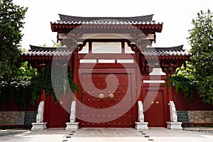 Chinese style door in a buddhist temple - Xi`an, China