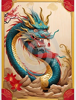 Chinese style dragon painting on wooden wall in Chinese temple, Thailand.