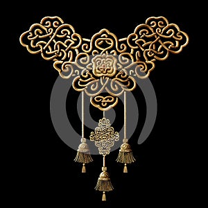 Chinese style embroidery gold 3d neckline design with braided knots and fringes. Traditional asian auspicious happy symbols.