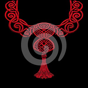 Chinese style embroidery red 3d neckline design with braided knots and fringe. Traditional asian auspicious happy symbols.