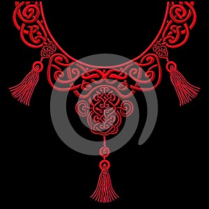 Chinese style embroidery red 3d neckline design with braided knots and fringes. Traditional asian auspicious happy symbols.