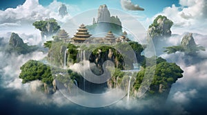 Chinese style Fantasy landscape illustration. Castle and islands floating in the sky. generative AI.