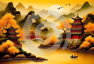 Chinese style golden gilding landscape painting background