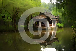 Chinese-style house on the lake, beautifully reflected in the water, amusement park