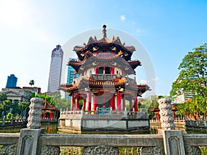 Chinese style pagoda in pond at 228 Peace Memorial Park Taipei