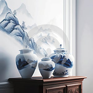 Chinese style porcelain set in blue and white colors