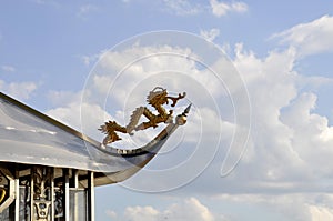 Chinese style temple roof against blue sky background