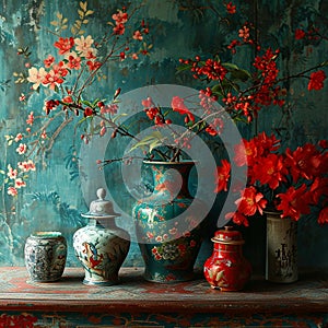 Chinese style tradition landscape green and red wallpaper