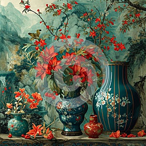 Chinese style tradition landscape green and red wallpaper