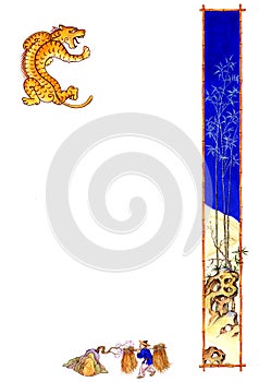 Chinese style watercolor hand drawn picture with tiger isolated on white.