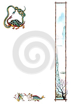 Chinese style watercolor hand drawn pictures with turtle and snake isolated on white