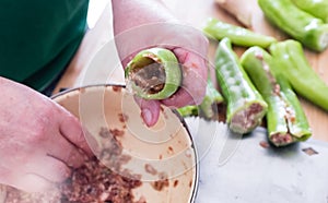 Chinese style Yong Tau Foo, put the filling in the green pepper closeup