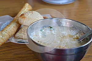 Chinese taiwanese breakfast, soymilk with soysauce, bread, youtiao, asian food