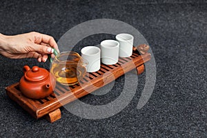 Chinese tea ceremony Asian wooden table board chaban top view copy space morning energy