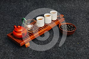 Chinese tea ceremony Asian wooden table board chaban top view copy space morning energy