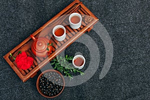 Chinese tea ceremony Asian wooden table board chaban top view copy space morning energy