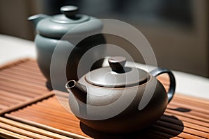 Chinese tea ceremony. Ceramic teapot made of clay and bowls. Generative ai