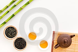 Chinese tea ceremony concept. Tea pot, tea cup, dry tea leaves, bamboo mat on white background top view copy space