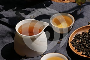 Chinese tea drinks on rustic wooden table