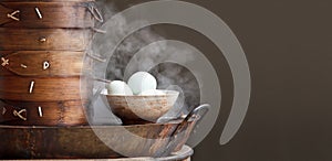 Chinese tea eggs and streamed dumpling in morning.