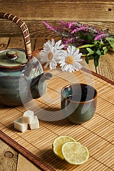 Chinese tea party. Teapot and a cups for tea