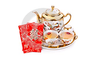 Chinese tea set with envelope bearing the word double happiness
