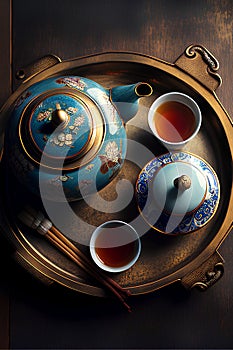 Chinese tea set on wooden background. Top view. Copy space.