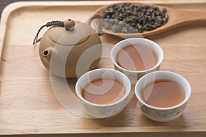 Chinese tea set on wooden, closeup