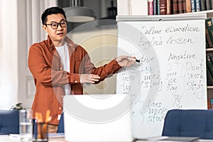 Chinese Teacher Man Having English Lesson Online Teaching In Classroom