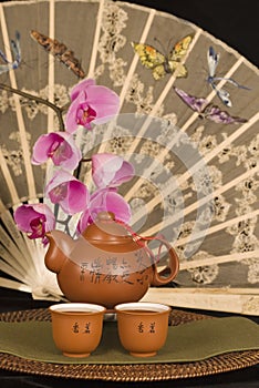 Chinese teapot and antique fan