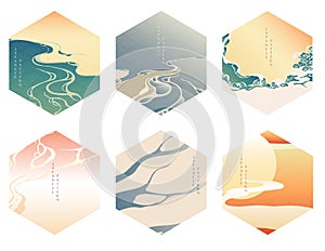Chinese template with wave elements vector. Sunset and River background in Oriental style. Geometric banner. Asian pattern with