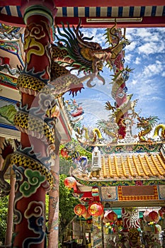 Chinese temple details with dragons on columns