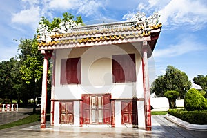 Chinese temple in garden park and antique classic building and ancient architecture of Bang Pa In Royal Palace for thai people and