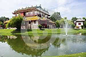 Chinese temple in garden park and antique classic building and ancient architecture of Bang Pa In Royal Palace for thai people and