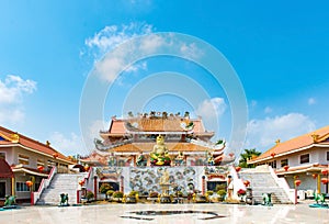 Chinese temple under blue sky in Thailand, They are public domain or treasure of Buddhism, no restrict in copy or use