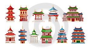 Chinese temples and houses at traditional Asian style. Korean religious buildings with towers and outdoor lighting. Buddhism