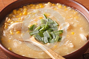 Chinese thick corn soup with chicken close up. horizontal