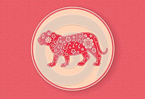 Chinese Tiger. Lunar New Year banner design template. Red wavy pattern. Zodiac sign. Abstract flower texture. Animal silhouette.