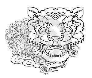 Chinese tiger with sakura flower and water splash tattoo.Illustration design tiger and cherry peach flower art vector.